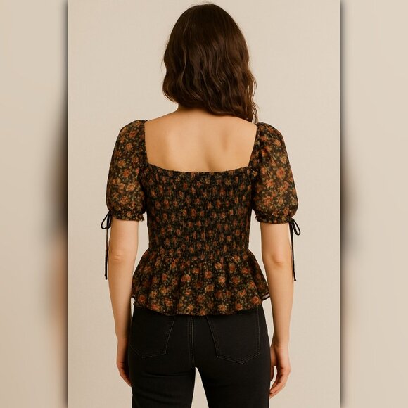A202 ✽ Smocked Floral Peplum Blouse With Puff Sleeves - Picture 2 of 4
